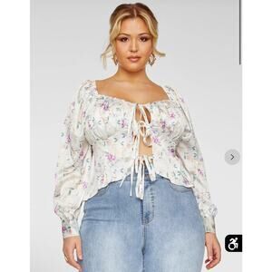 Floral Print Tie Front Blouse with Long Sleeves, Ivory 2X